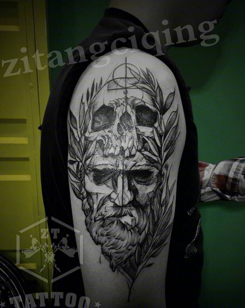 耶稣&骷髅纹身图片_成品手臂宗教纹身图案