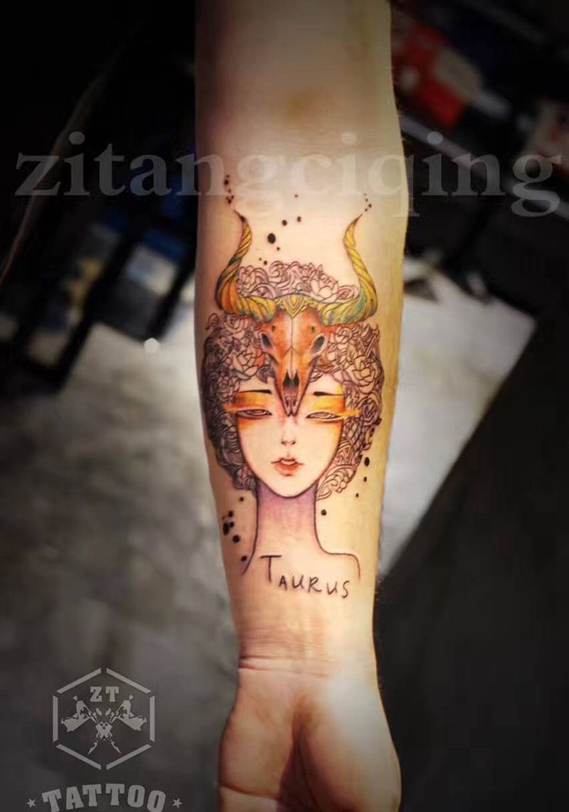 金牛座纹身图片_成品欧美星座手臂纹身图案