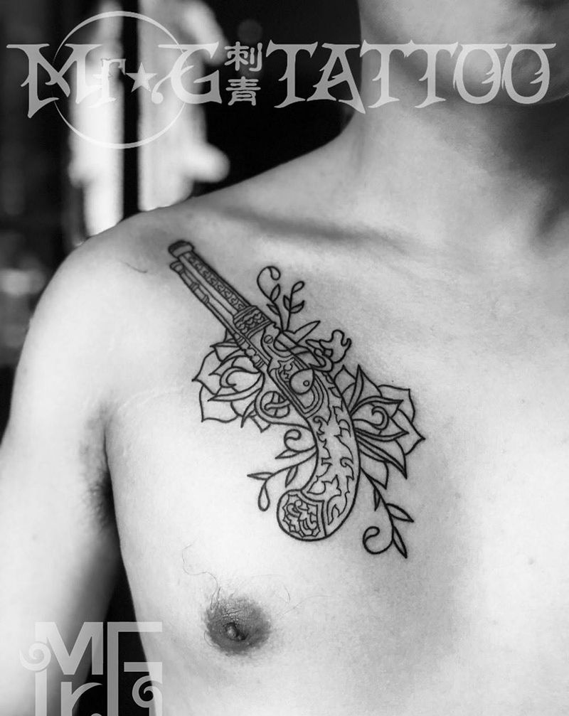 枪花 玫瑰纹身图片