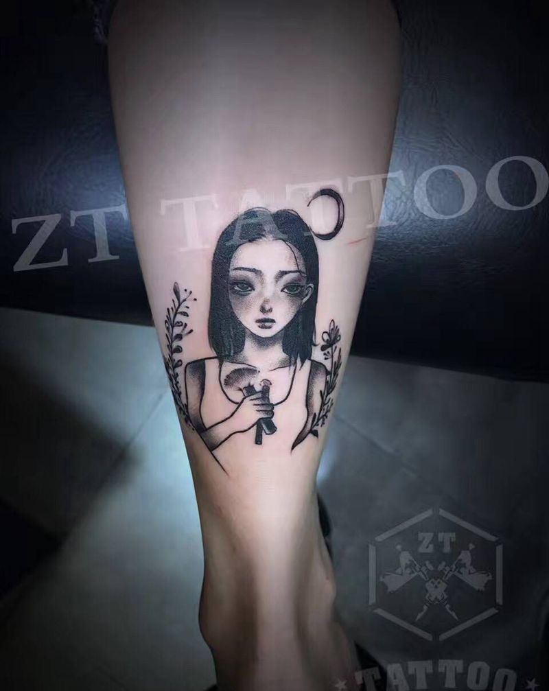 小腿人像纹身图片_成品腿部手臂清新人物少女插画纹身图案
