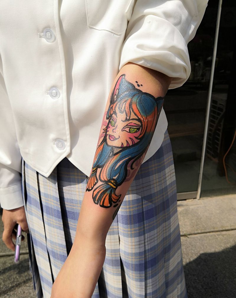 猫小姐纹身图片_手臂Old School纹身图案