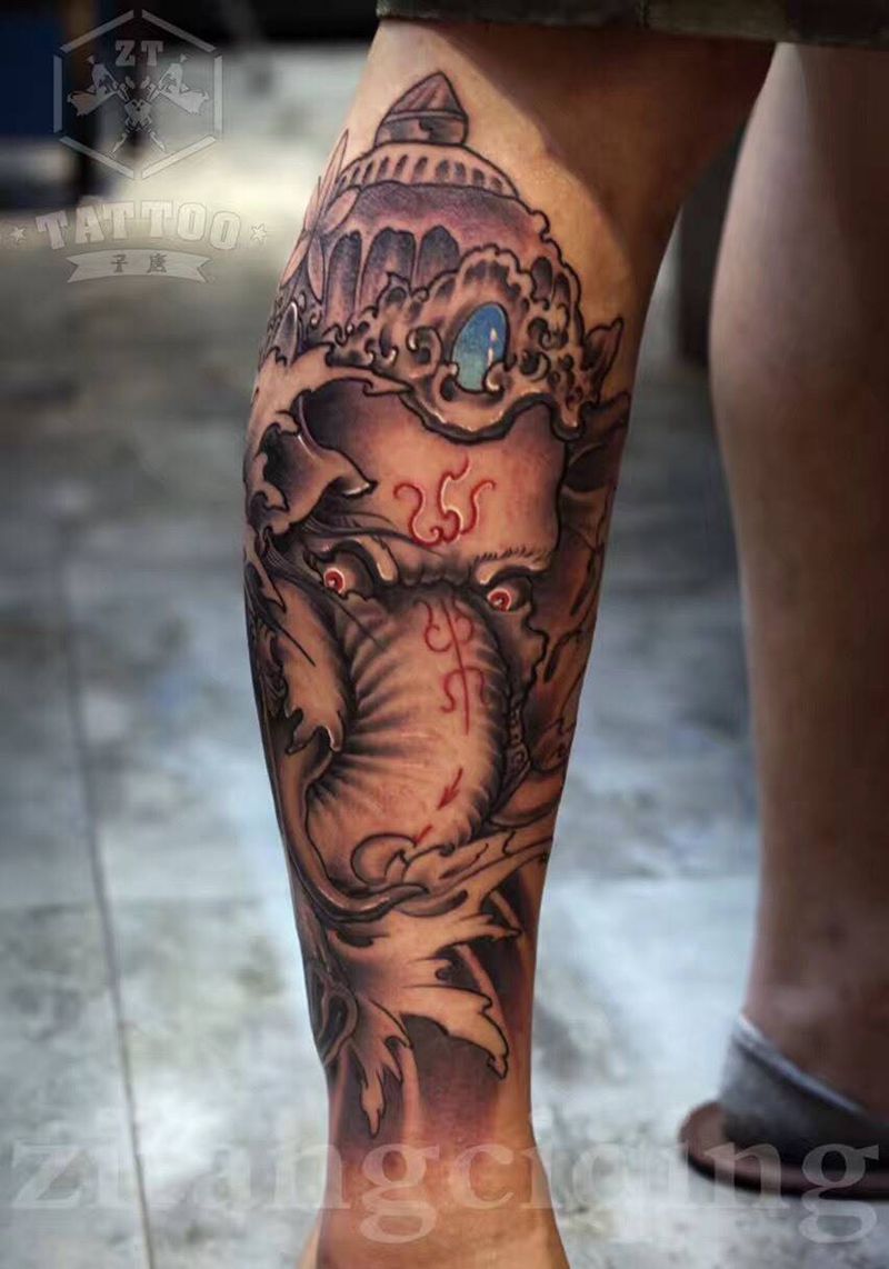 小腿象神纹身图片_成品腿部传统动物新传统纹身图案