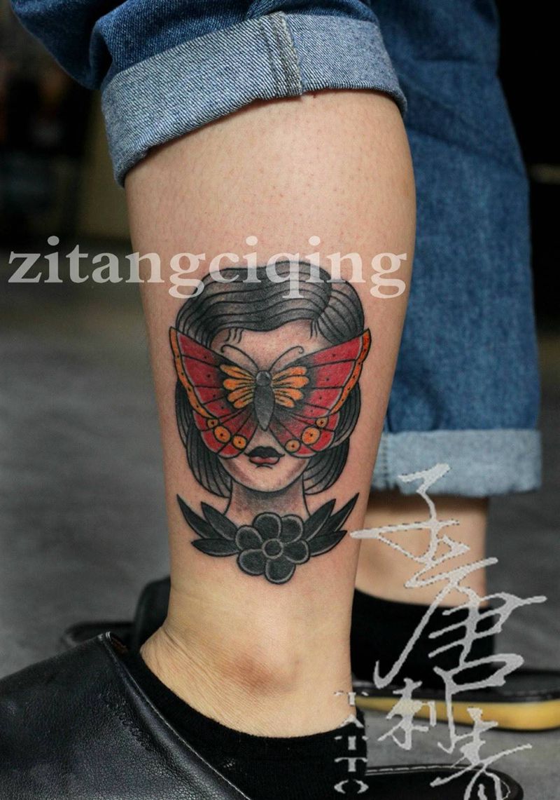 幺蛾子一只纹身图片_成品欧美人物动物腿部纹身图案