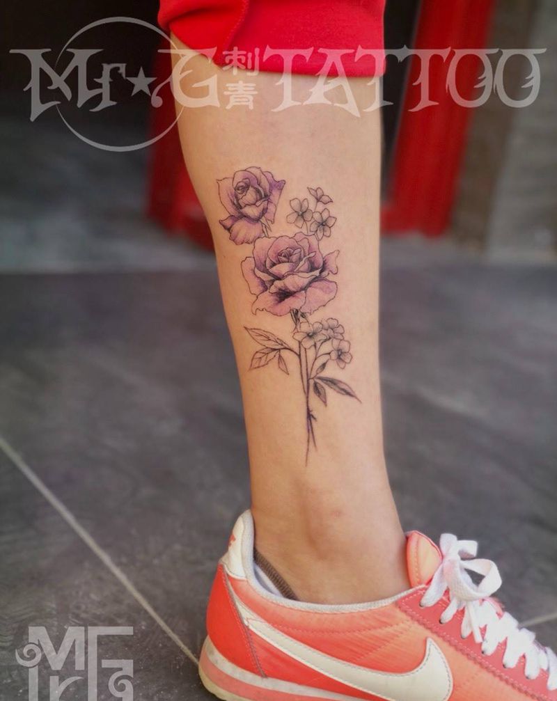 素花纹身图片_植物腿部成品清新纹身图案