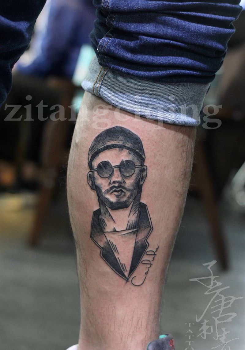 这个杀手不太冷纹身图片_成品欧美人物原创腿部手稿纹身图案