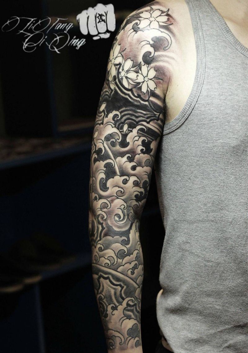 纯手绘浪臂完成纹身图片_成品手臂传统植物静物原创纹身图案