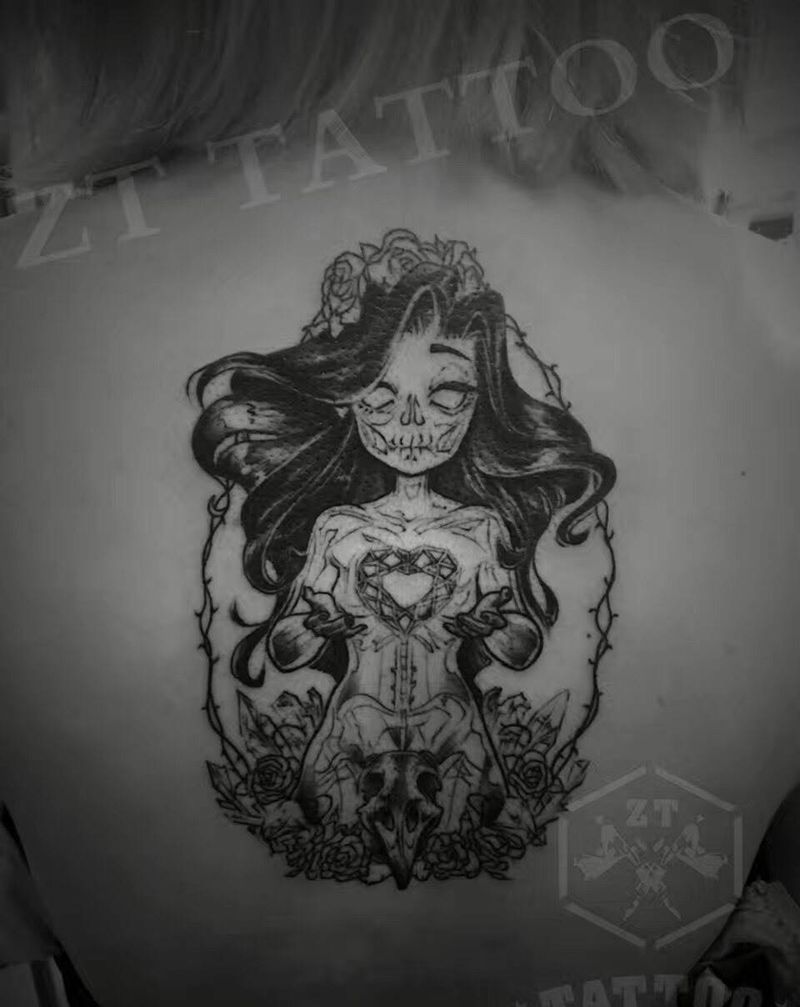 亡灵女孩纹身图片_成品背部欧美人物纹身图案