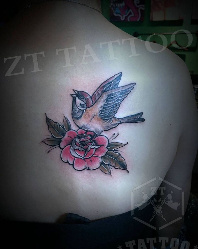 小鸟盖疤纹身图片_成品背部欧美清新静物动物植物纹身图案