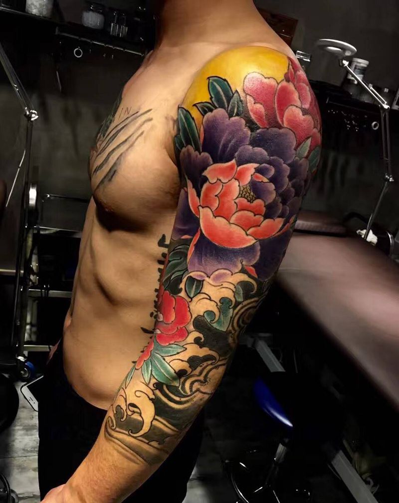 牡丹七分袖纹身图片_成品手臂传统静物植物原创纹身图案