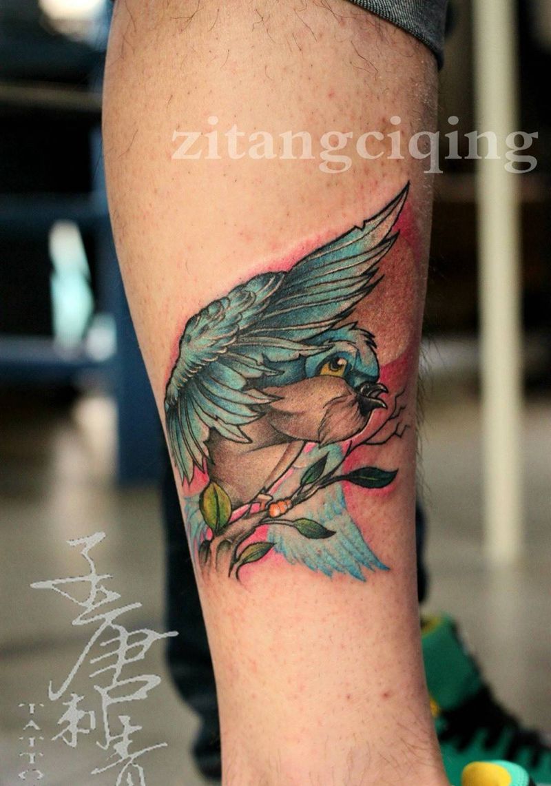 小小鸟一只纹身图片_成品腿部欧美动物植物静物清新纹身图案