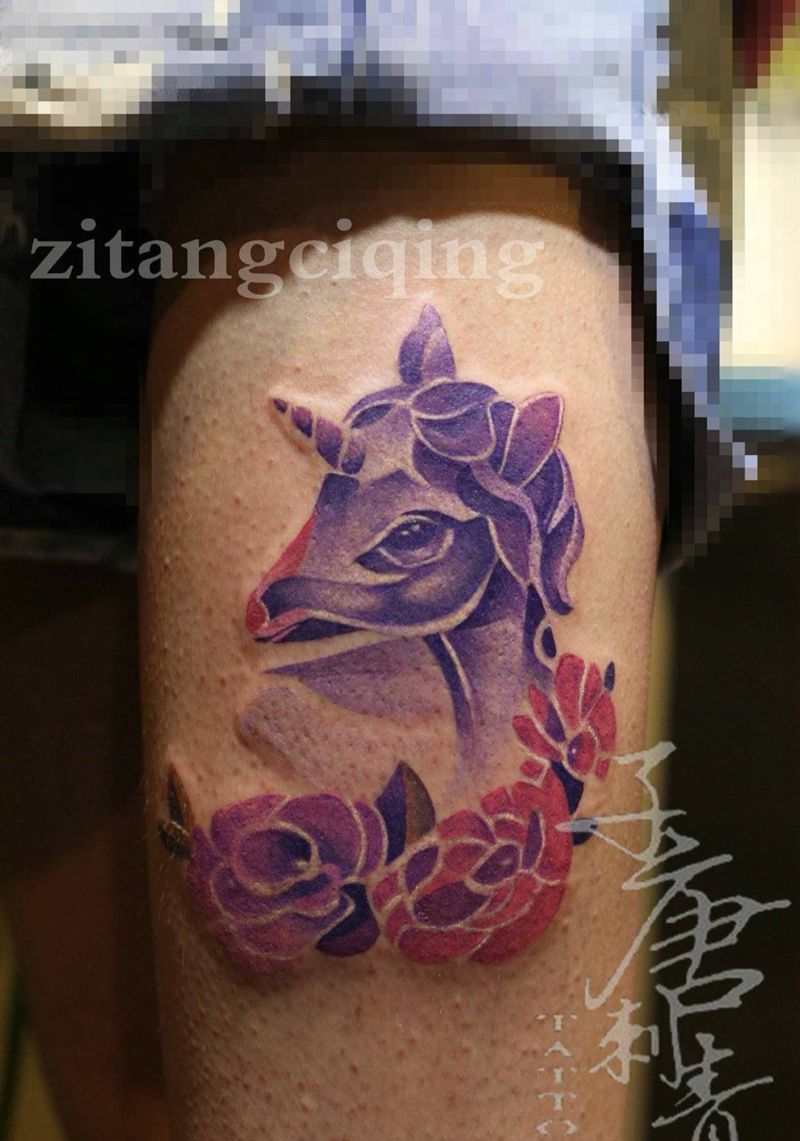 这瘦的，天哪纹身图片_成品腿部欧美清新动物植物纹身图案