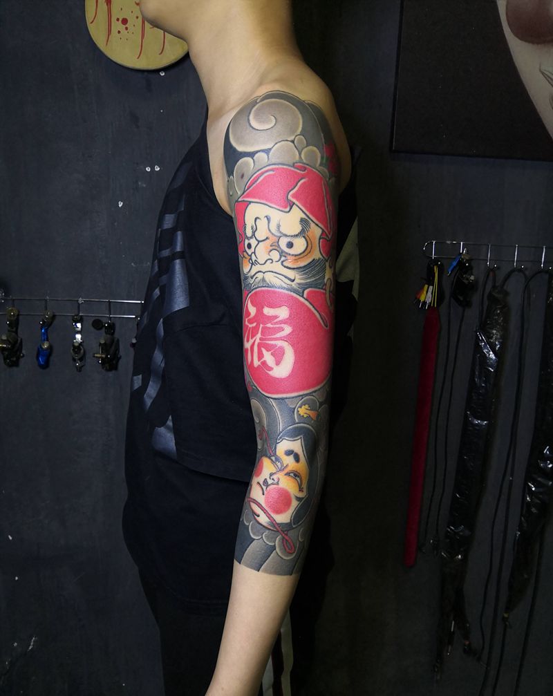 达摩大福七分臂纹身图片_手臂老传统纹身图案