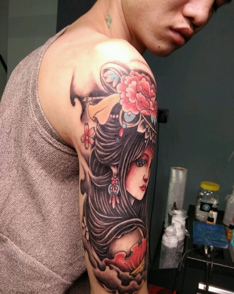 大臂艺妓纹身图片
