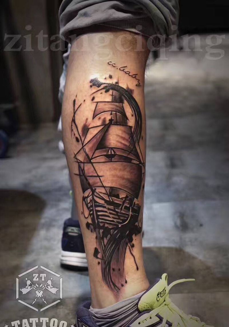 泼墨帆船纹身图片_成品腿部静物纹身图案