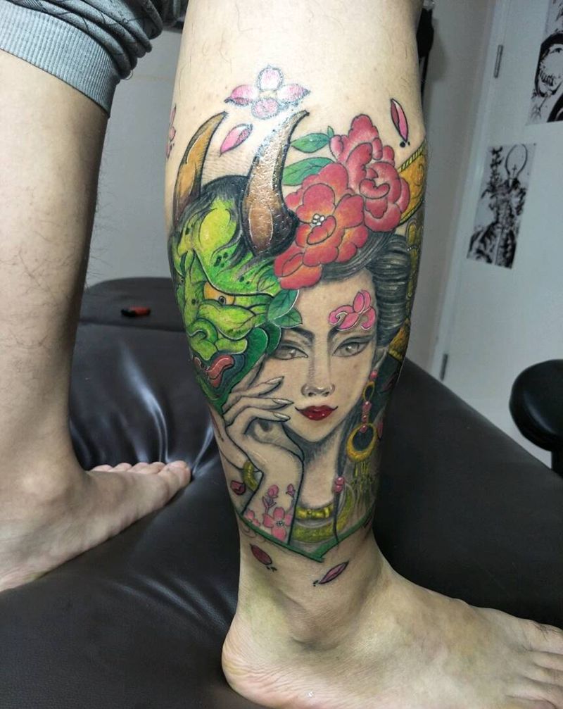 修改艺妓纹身图片_腿部传统人物成品纹身图案