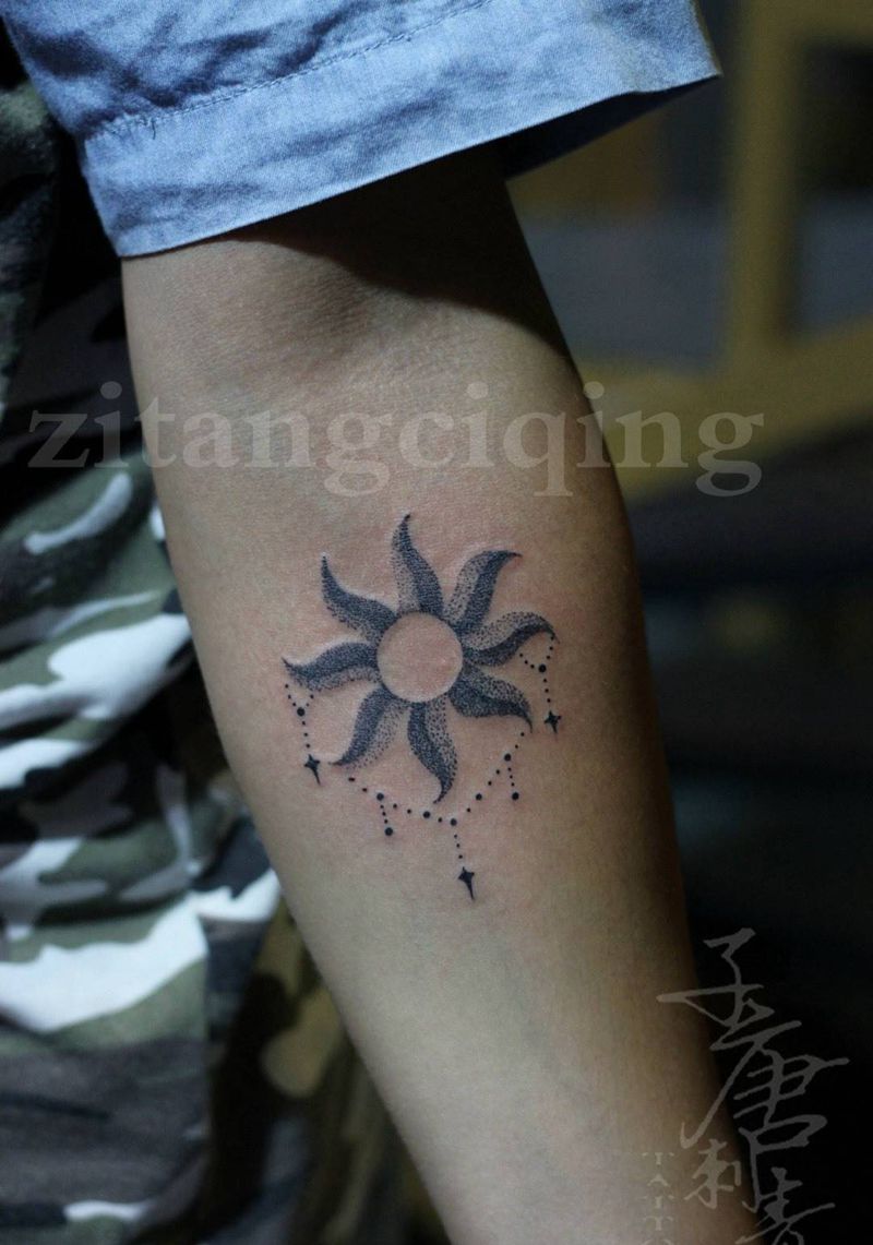 点刺太阳纹身图片_成品手臂欧美清新静物纹身图案