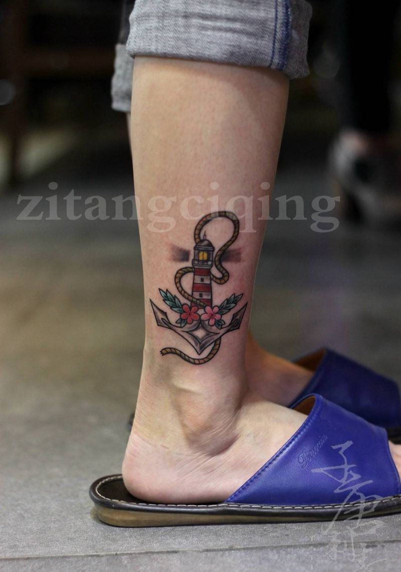 船锚灯塔纹身图片_成品脚部欧美清新植物静物原创纹身图案