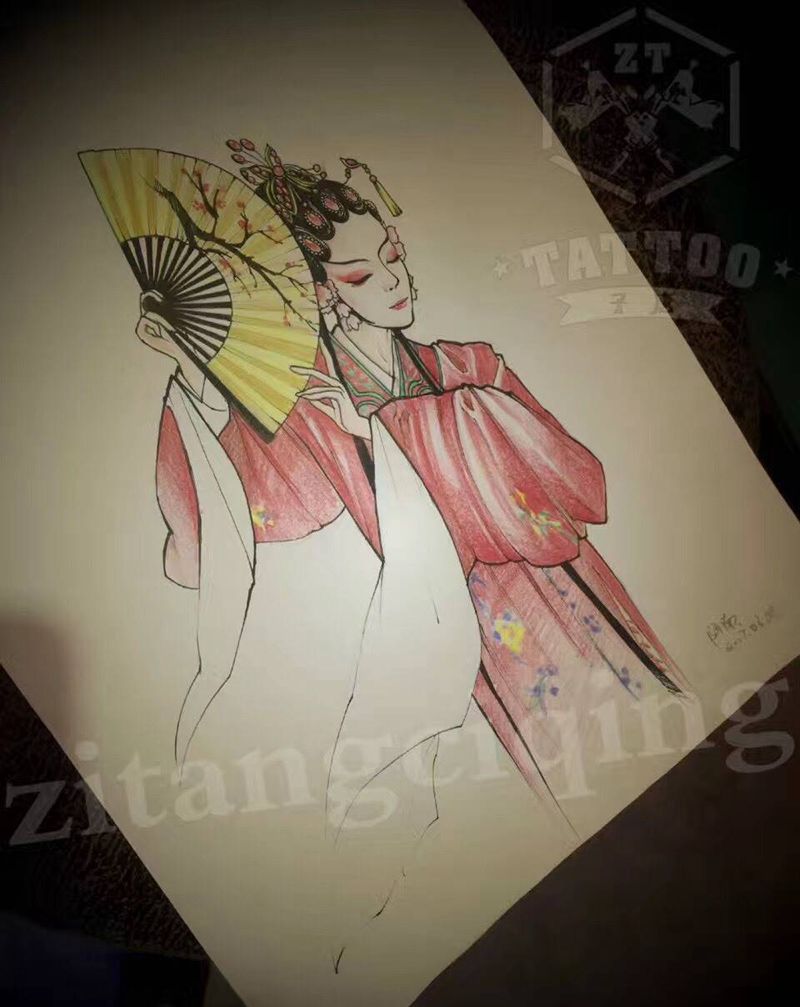 花旦纹身图片_传统人物手稿腿部手臂纹身图案