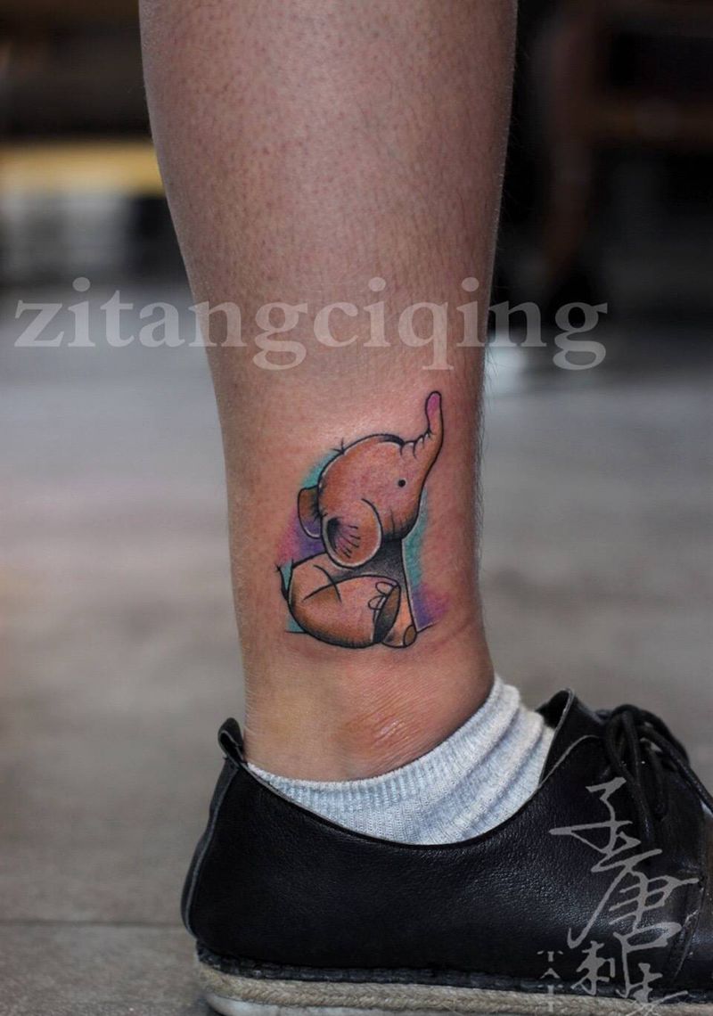 小象纹身图片_成品腿部欧美动物纹身图案