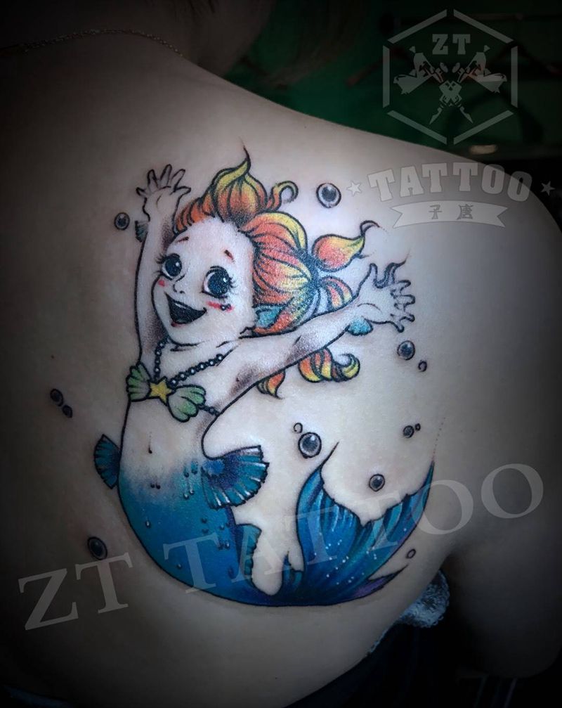 小美人鱼纹身图片_成品背部欧美清新人物静物原创纹身图案