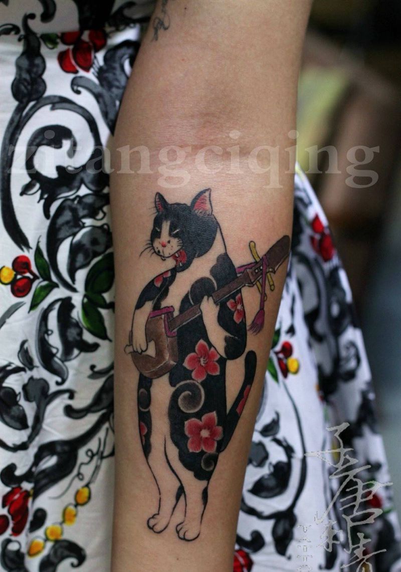 日式猫咪纹身图片_成品手臂传统原创动物纹身图案