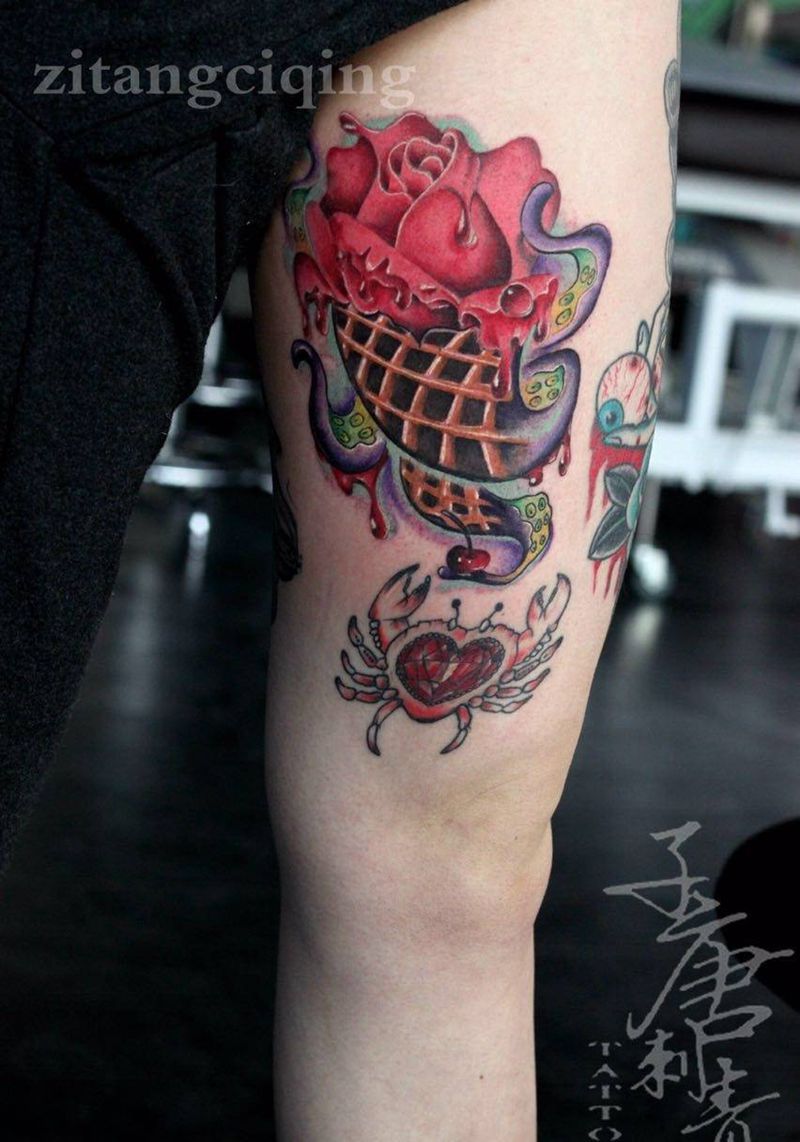 玫瑰可丽饼纹身图片_成品腿部欧美写实清新植物静物人物原创纹身图案