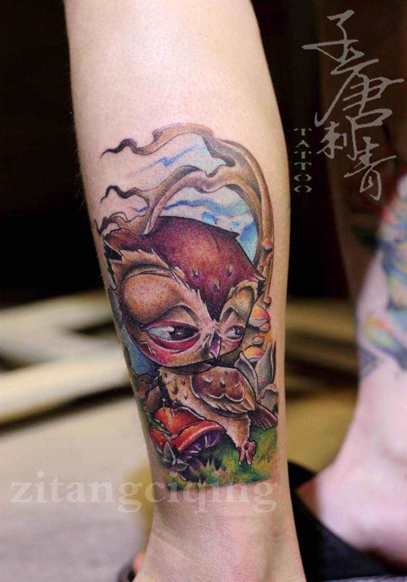 你好我是小小猫头鹰纹身图片_成品腿部欧美写实清新植物静物动物纹身图案
