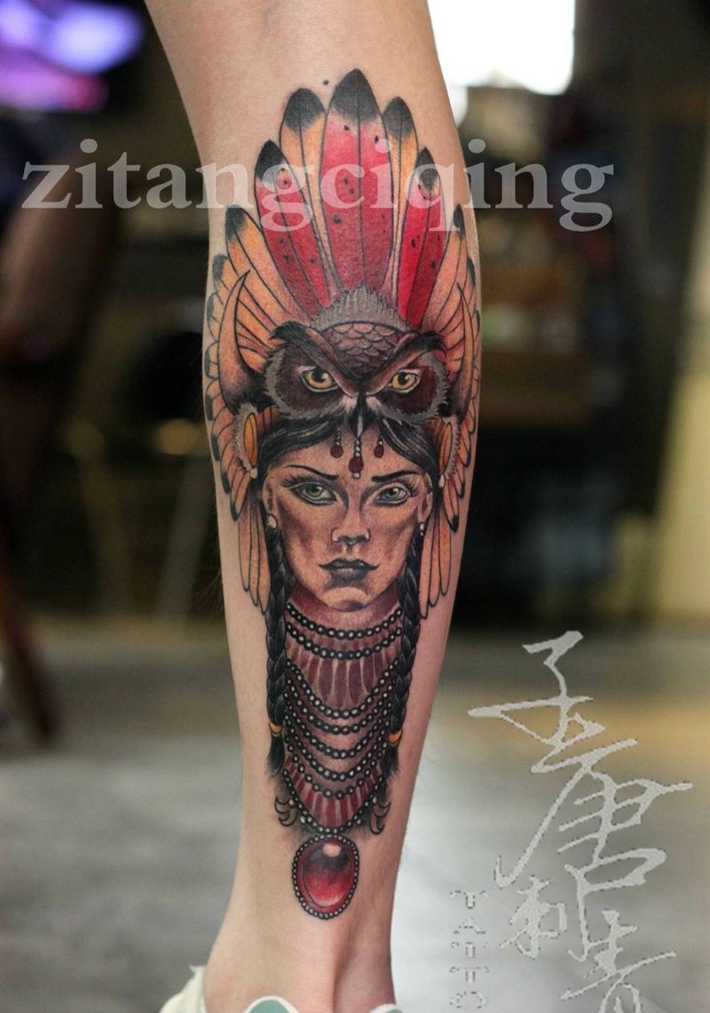 印第安老斑鸠纹身图片_肖像欧美成品腿部写实人物动物宗教纹身图案