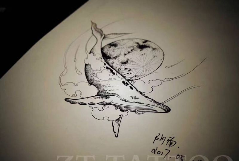 情侣鲸鱼设计稿纹身图片_手稿背部手臂腿部清新动物情侣原创个性简约纹身图案