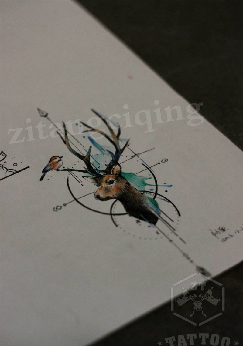 设计客订鹿纹身图片_手稿成品背部欧美清新几何动物植物静物纹身图案