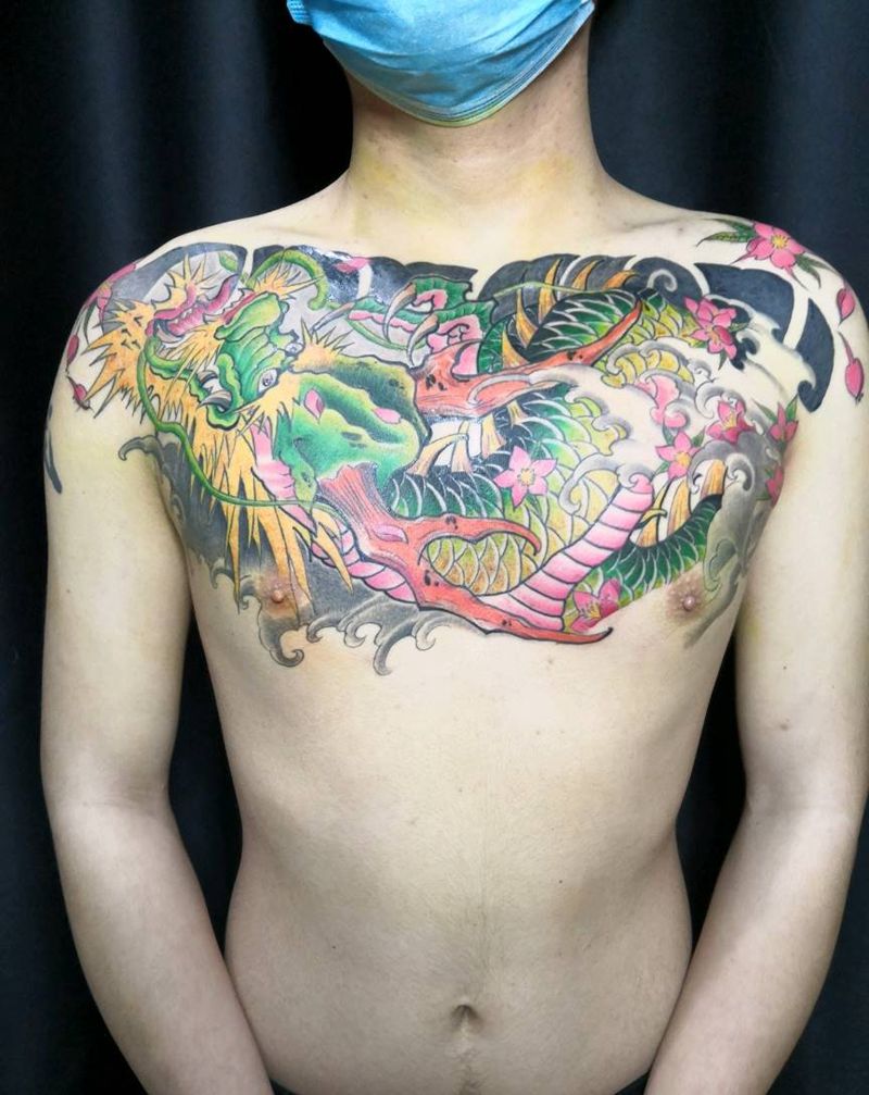 花胸龙纹身图片_胸部新传统纹身图案