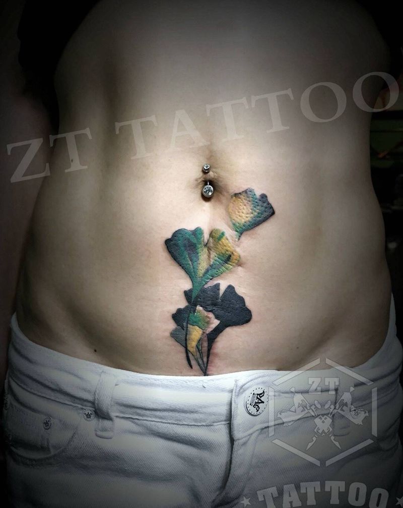 银杏叶盖疤纹身图片_成品腹部清新国画植物静物纹身图案