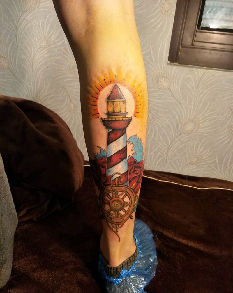灯塔纹身图片_腿部欧美静物成品纹身图案