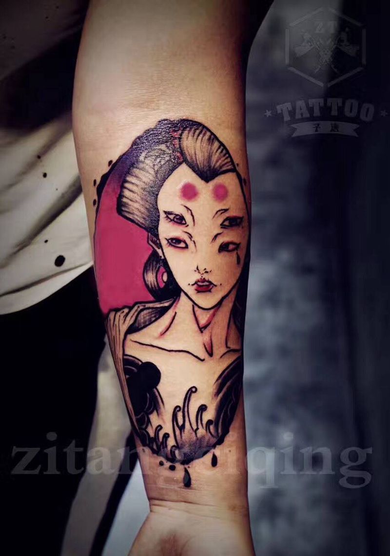 鬼新娘纹身图片_成品手臂肩部肖像欧美人物纹身图案