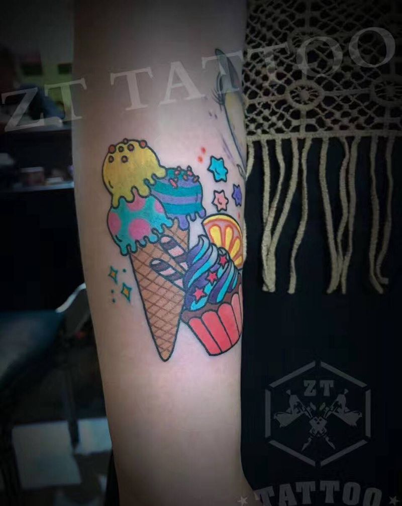 甜筒小蛋糕纹身图片_成品手臂清新静物原创卡通水彩可爱纹身图案