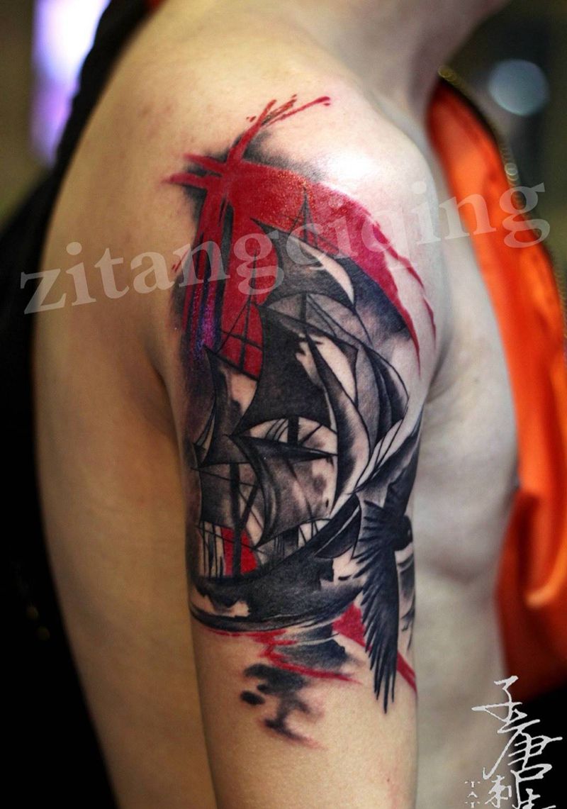 帆船纹身图片_成品手臂清新欧美静物动物纹身图案