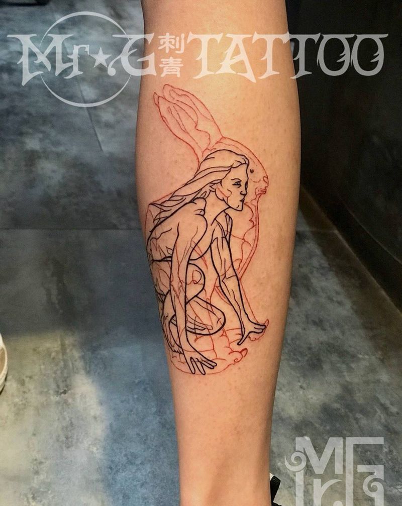 属兔人纹身图片_腿部欧美人物动物成品纹身图案