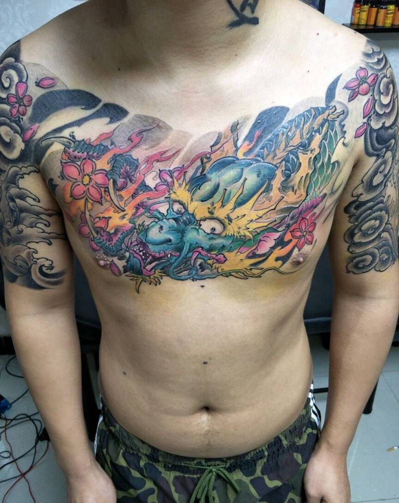 花胸应龙纹身图片_胸部传统动物成品纹身图案