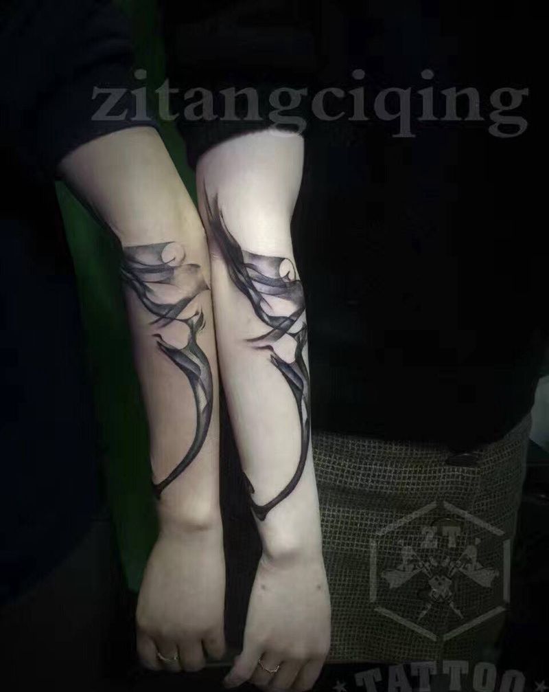 情侣水墨纹身图片_成品手臂传统国画情侣纹身图案