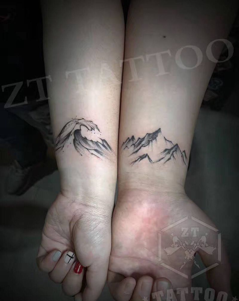 情侣山水纹身图片_成品手臂清新国画静物情侣纹身图案