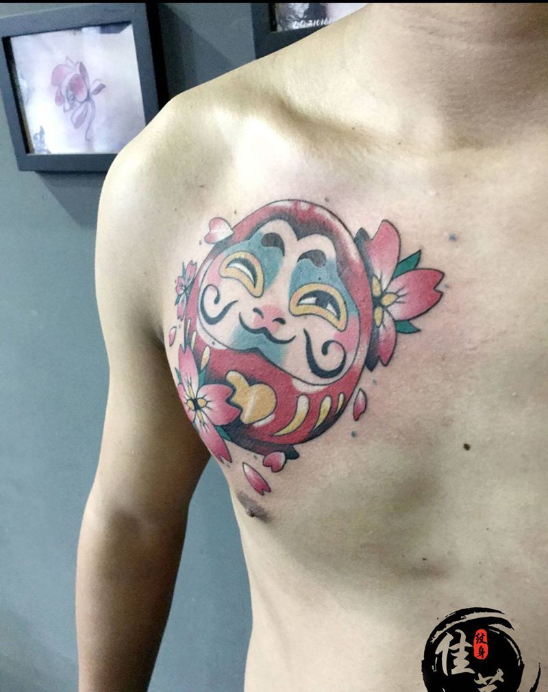 达摩蛋纹身图片_胸部水彩纹身图案