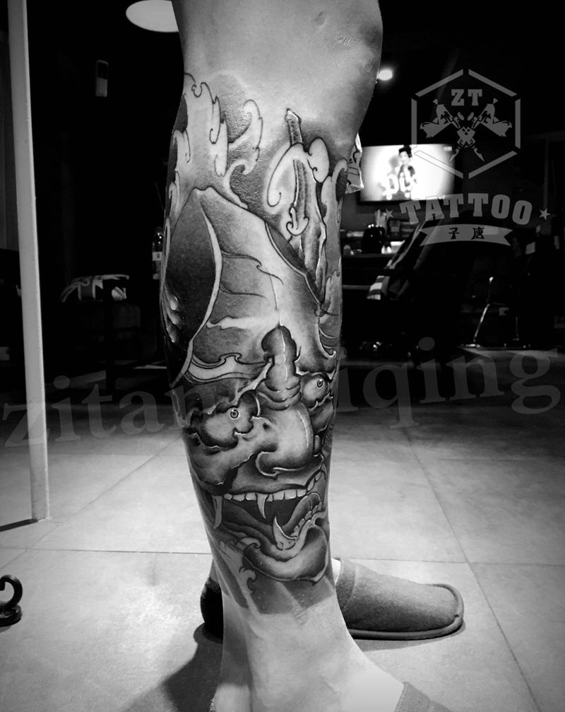 小腿般若纹身图片_成品腿部传统鬼神纹身图案