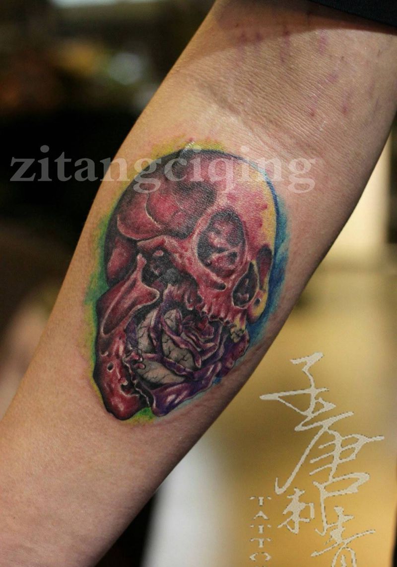骷髅☠️纹身图片_成品手臂欧美写实植物静物鬼神纹身图案