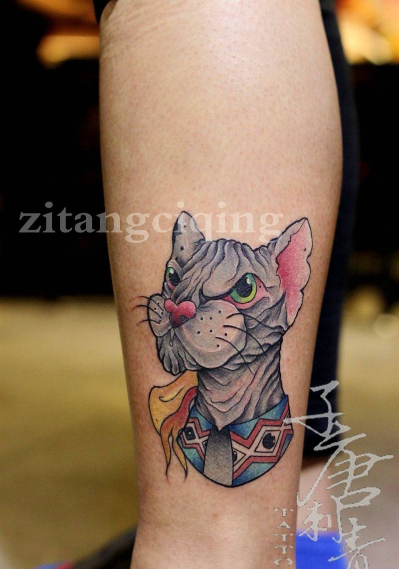 猫？狗？豹？纹身图片_成品腿部欧美动物纹身图案