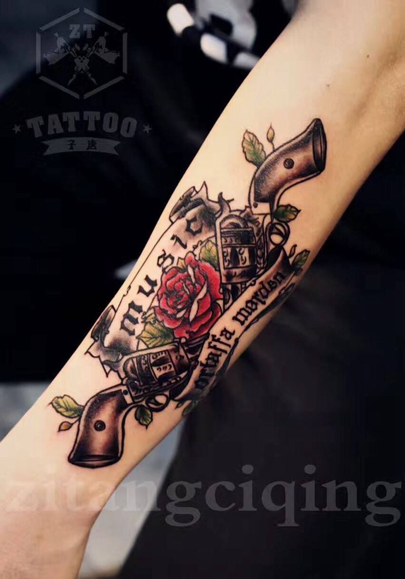 枪花纹身图片_成品手臂欧美植物静物纹身图案