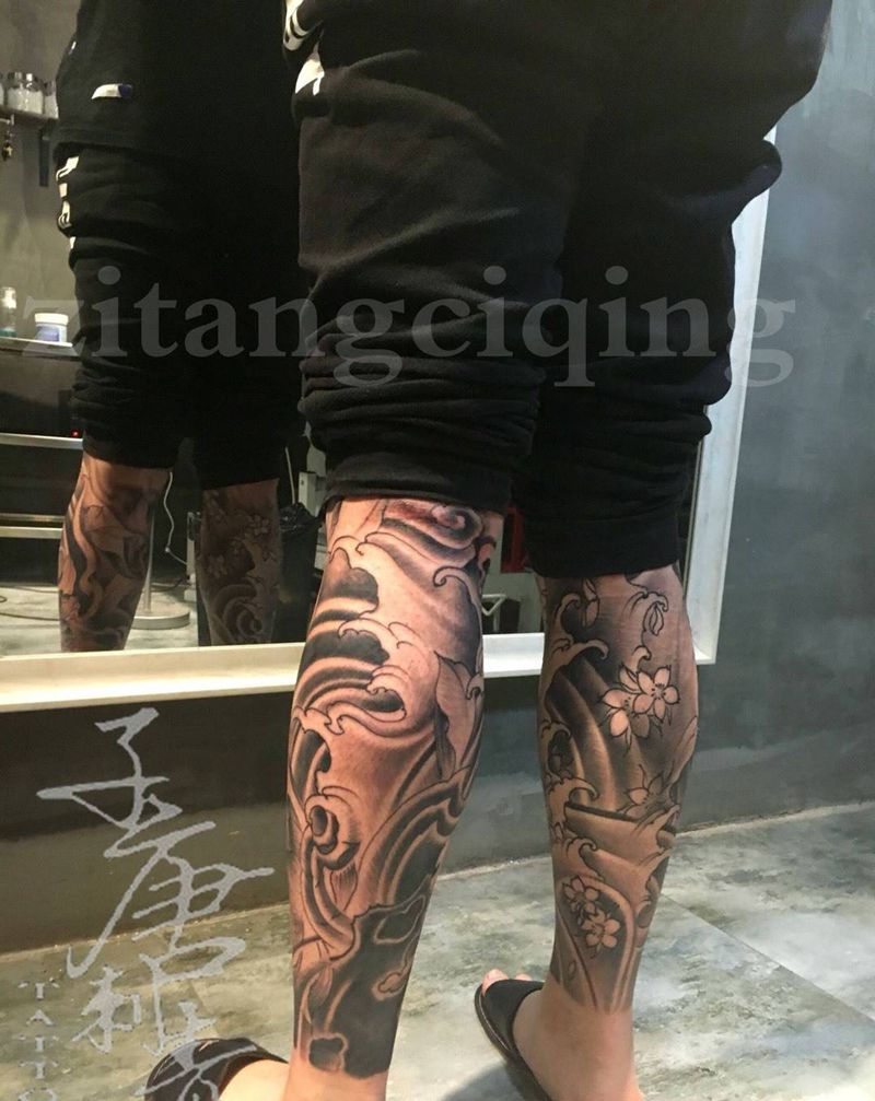 两条浪腿纹身图片_成品腿部传统静物原创纹身图案
