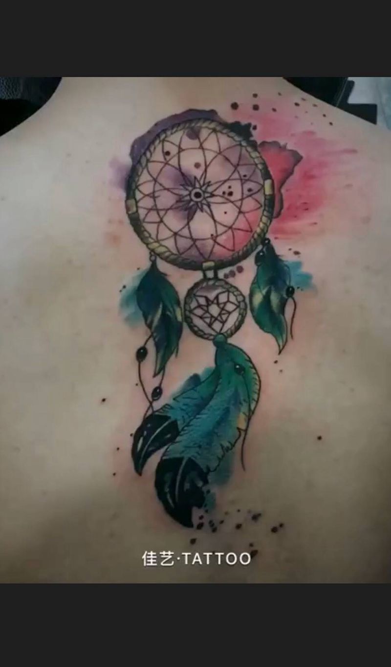 捕梦网纹身图片_颈部水彩纹身图案