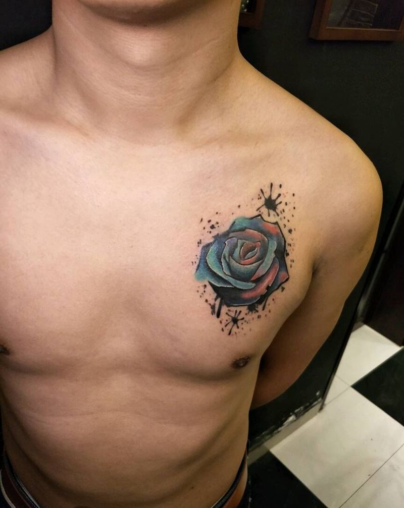 玫瑰纹身图片_胸部欧美植物成品纹身图案