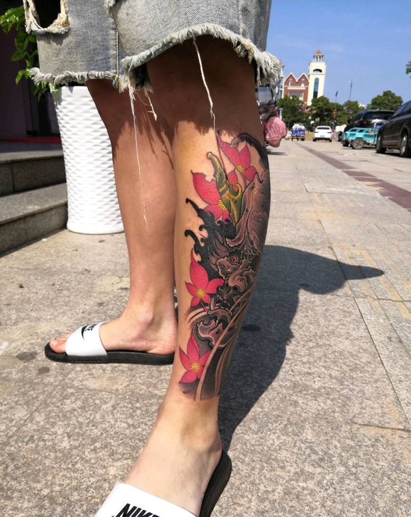 般若纹身图片_腿部新传统纹身图案