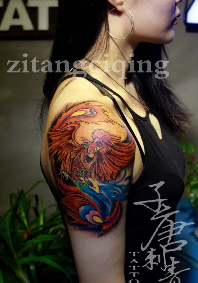 凤凰遮盖胎记纹身图片_成品手臂传统动物静物鬼神宗教纹身图案